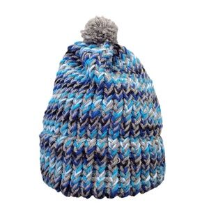 HANDMADE Knit Blue Gray Light Darks  Pom Pom Beanie Hat OS Toboggan Ladies